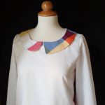 kallioπ WOMEN'S BLOUSE WITH ASYMMETRIC COLLAR, LONG SLEEVE, WHITE - PLAID